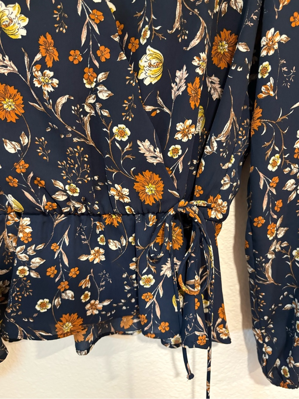 nine britton Navy Floral Wrap Dress with Mustard and Cream Flowers - Picture 3 of 4